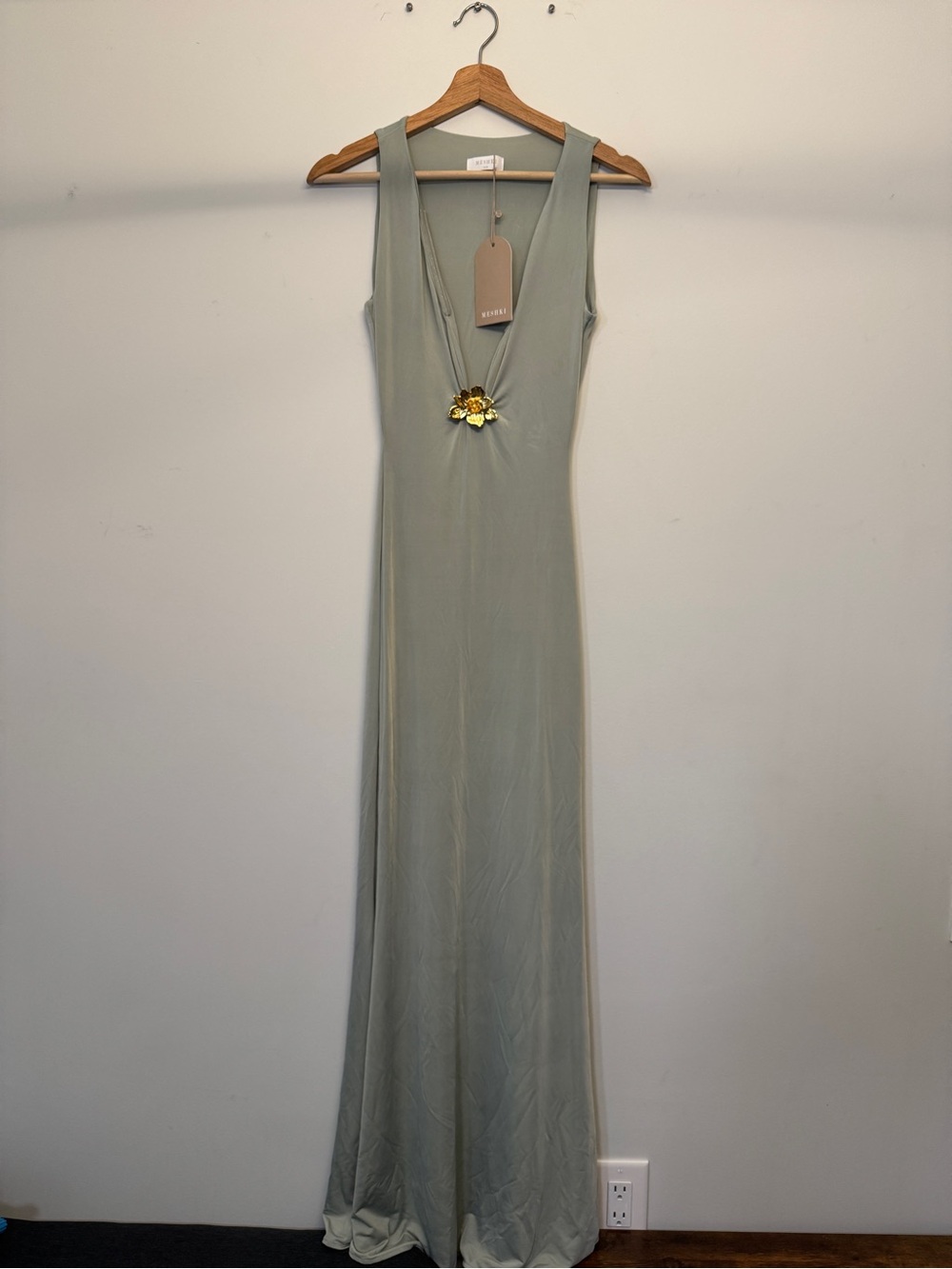 Meshki Sage Green Maxi Dress with Gold Floral Accent